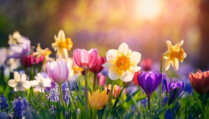 Fototapeta premium colorful spring flowers blooming in the garden