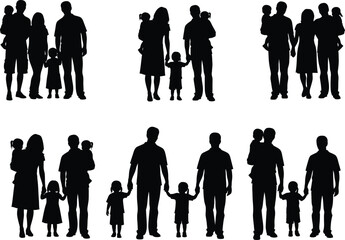 Set of black solid families with children walking together