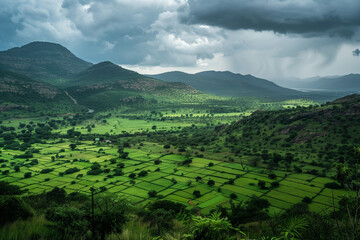 Obraz premium A stunning aerial view of vibrant green terraced fields nestled in a valley, framed by rolling hills and towering mountains under a dramatic, overcast sky. The landscape is rural and serene.