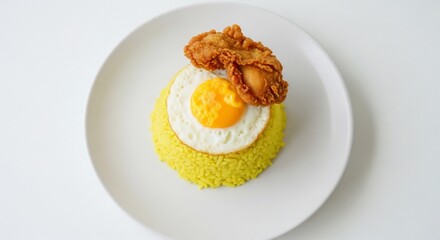 Fried Egg and Crispy Chicken atop Turmeric Rice