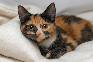 A calico kitten resting on a pillow