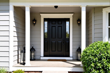 Elegant black front door with decorative glass panels set in a classic white frame with columns, creating a welcoming, traditional entrance to an upscale suburban home, flanked by two  sconce lights