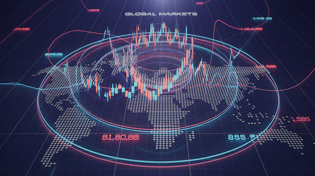 Global Market Overview: A dynamic digital depiction of global markets, featuring intricate data visualizations and a world map, designed to capture the essence of international finance and trading.