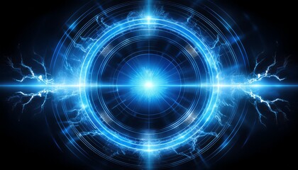 Fototapeta premium a glowing electric blue hologram featuring circular lightning effects and a plasma portal isolated on a transparent layer overlay or black background