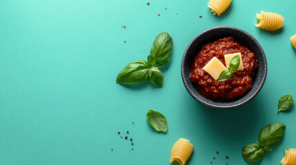 A bowl of delicious tomato sauce with cheese and basil is surrounded by fusilli pasta on a teal background, creating a vibrant food photography scene