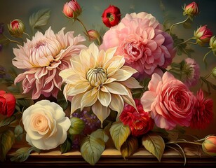 old fashioned style art with light accents still life flowers including roses and dahlias perfect for greeting cards and bridal decor