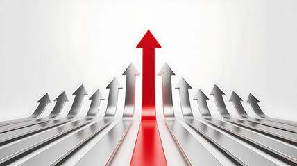 Ascending Arrow: A red arrow pointing upwards stands out among a group of silver arrows, symbolizing leadership, growth, and direction in a minimalist design.