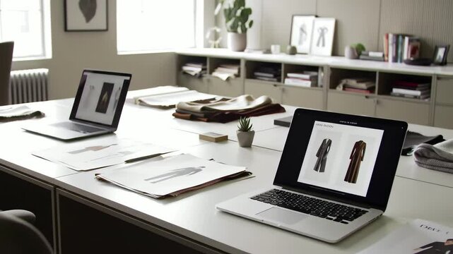 Bright room scene with two laptops displaying fashion designs on a white table papers  textile swatches