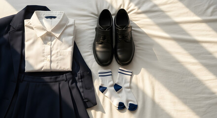 School uniform neatly arranged on a bed with sunlight, including a blazer, skirt, shirt, shoes, and socks.