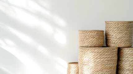 woven baskets are stacked, displaying different sizes against a light background. minimalism, storage, organization, neutral decor