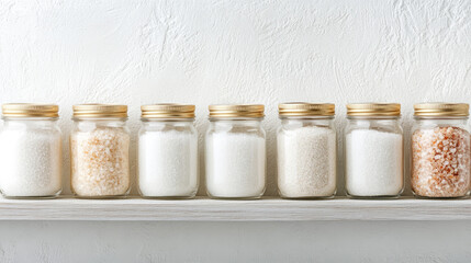 glass jars filled with different kinds of salt are arranged side by side on a shelf. Variety of salts in jars, kitchen storage 