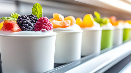 Yogurt cups with assorted fruits are arranged in a row on a counter. Fresh dessert variety