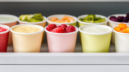 Colorful cups filled with various fruit toppings are neatly arranged in a row. Concept: Fresh and vibrant fruit desserts