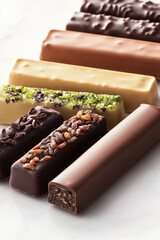 Chocolate bars with various toppings are lined up on a smooth surface. Concept: Variety of gourmet chocolate