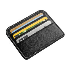 Black leather wallet with money and credit cards for finance and business