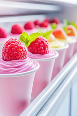 Pink yogurt cups topped with raspberries and mint sit in a row on a fridge shelf. Concept: Fresh and delicious dessert
