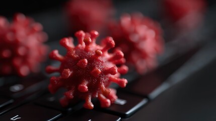 A red spiky computer virus on a black keyboard in a dark digital environment symbolising cyber security threats.