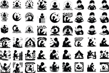 Child with Open Book Vector Icons – Education and Knowledge Silhouettes Boy Reading Book Silhouette Set – Study and Learning Icon Collection