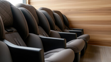 Obraz premium Comfortable, cushioned seats are lined up along a wooden wall in a modern setting. 
