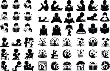 Child with Open Book Vector Icons – Education and Knowledge Silhouettes Boy Reading Book Silhouette Set – Study and Learning Icon Collection