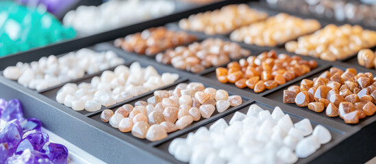 Colorful gemstones are neatly arranged in black trays, showcasing various shades and textures. Stone collection, organization, variety