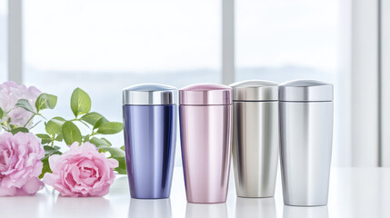Four metallic travel mugs in blue, pink, grey, and silver are placed on a white surface beside pink flowers. Concept: Elegance and functionality in drinkware