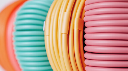 Colorful coils of cables are arranged side by side. Abstract, color, pattern, cables
