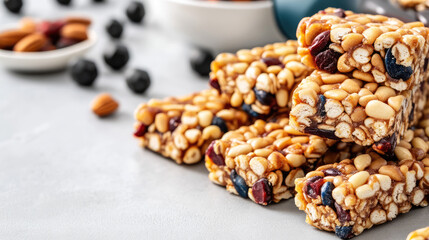 Granola bars are stacked on a table surrounded by nuts and berries in small bowls. Healthy snack, nuts, dried fruits