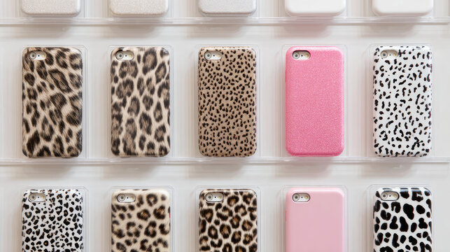 Phone cases with animal print and pink designs are displayed in a grid pattern. Fashionable and decorative phone accessories