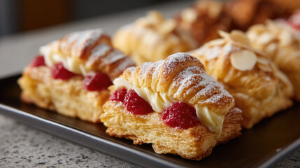 Pastries filled with cream and raspberries are displayed on a black tray, dusted with powdered sugar. Tempting pastry assortment with sweet fillings