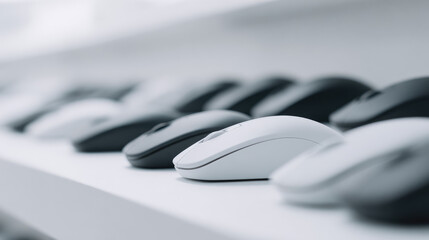 Computer mice are lined up on a shelf, showcasing various models in black and white. Technology and electronics display