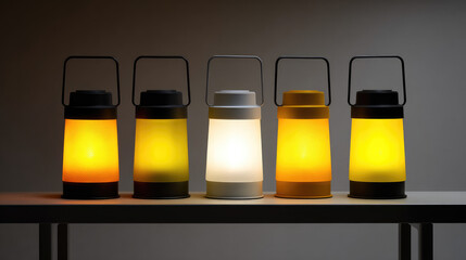 Five lanterns with handles are arranged in a row on a table, each emitting different shades of warm light. Concept: lighting, warmth, design