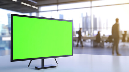 Green Screen Display in Office. Modern workplace monitor, ideal for showcasing content. Workspace Mockup for creative projects. Screen ready for your vision.