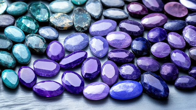 Colorful gemstones are arranged closely on a flat surface, displaying various shades of blue and purple. Collection of polished stones, shine, and color contrast - Powered by Adobe