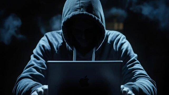 Hooded figure using laptop in dimly lit room