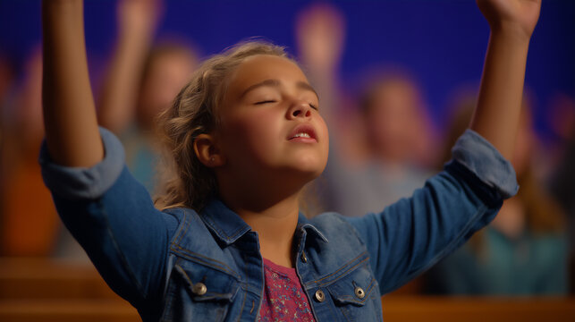 Caucasian little girl with eyes closed and hands up in worship at church, copy space