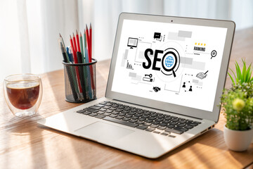 SEO search engine optimization for modish e-commerce and online retail business showing on computer...
