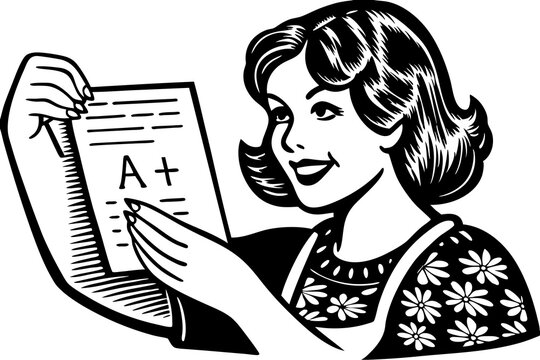 Delighted woman in black and white with a perfect score on her paper proudly displaying excellent results