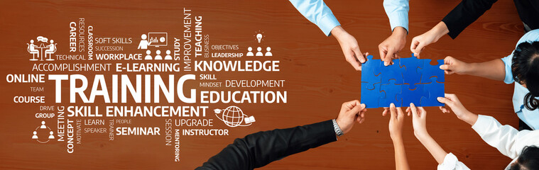 A dynamic group training session illustrating diverse hands working together on a blue puzzle,...