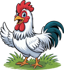Cheerful cartoon rooster standing on green grass displaying a happy expression
