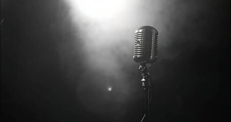 retro old microphone close up on dark black background with smoke. mystic atmosphere. music background with copy space. mockup banner 4K - Powered by Adobe