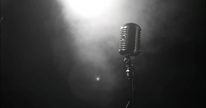 retro old microphone close up on dark black background with smoke. mystic atmosphere. music background with copy space. mockup banner 4K