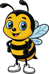 Adorable cartoon bee with smiling face and blue eyes in a fun and playful illustration