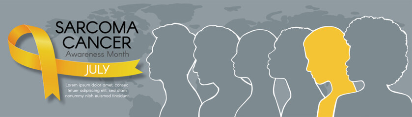 Sarcoma Cancer Awareness Month horizontal banner with yellow ribbon and diverse silhouettes. Ideal for health campaigns, social media, and medical awareness promotions