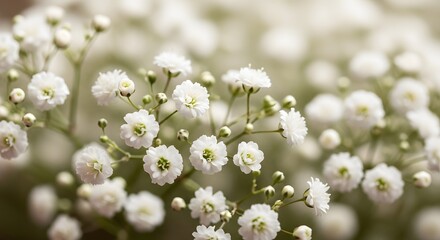 Delicate White Gypsophila Flowers in Soft Focus, Symbolizing Purity and Innocence, Perfect for Weddings and Romantic Occasions, Capturing Natural Beauty