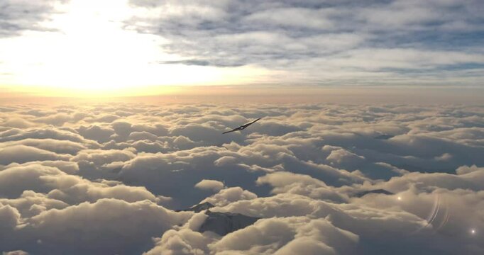 B-2 Spirit flying above the clouds at dawn