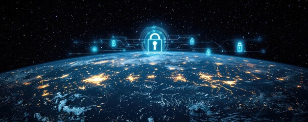 A glowing digital lock symbolizing cybersecurity over a connected global landscape