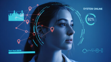 Future Tech Integration: A futuristic view of a woman in a technological world, showcasing a digital interface with analytical data overlays, a modern take on a forward-thinking concept.