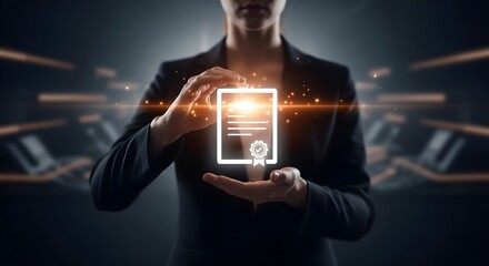 A woman in a business suit gently holds a glowing digital certificate in her hands, symbolizing achievement and success.
