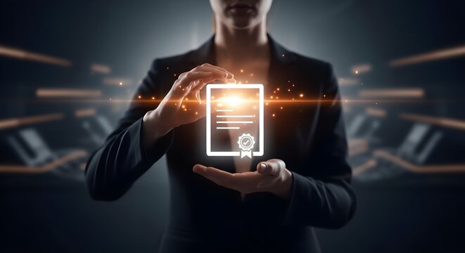 A woman in a business suit gently holds a glowing digital certificate in her hands, symbolizing achievement and success.